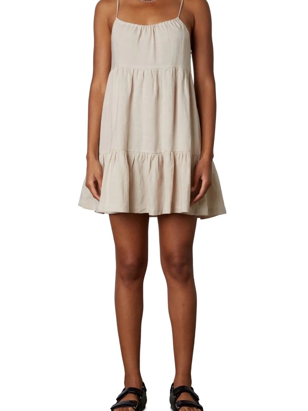 Nia linen and lyocell Sleeveless Tiered Mini Dress in Light Beige